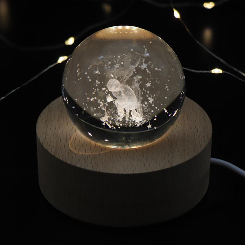 Night Lights 5V USB 3D Crystal Ball with Prince Engraving on Beech Wood Base for Bedroom Decor - Romantic Birthday Gift