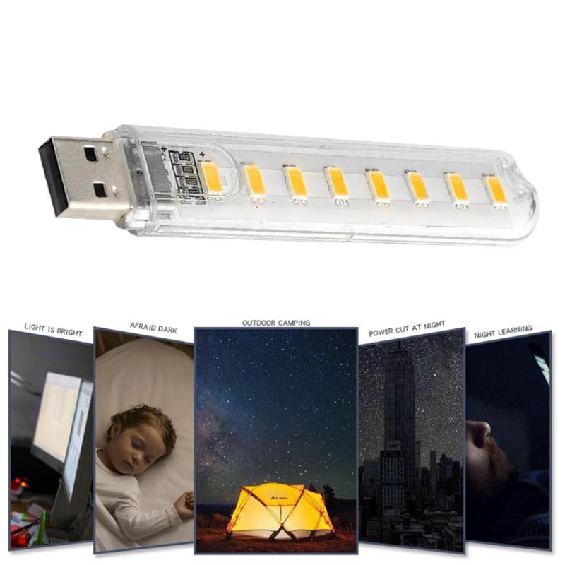 Night Lights 8 Lamps Beads Mini USB Light Portable 3000K 7000K Transparent Illumination Lamp For Computer Laptop Charger