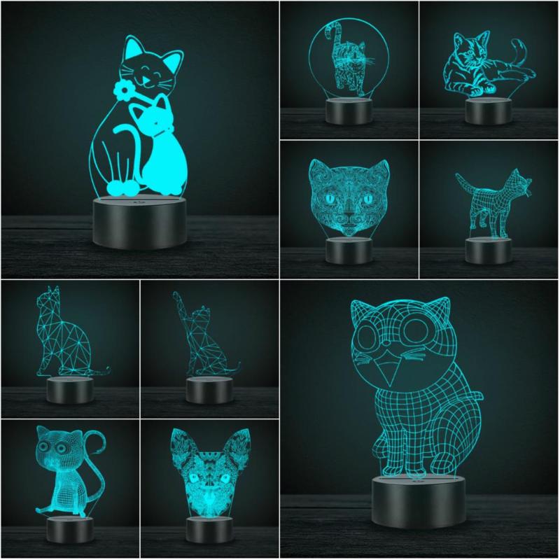Night Lights Cute Kawaii Cat 3D Lamp Animal Light LED USB Mood Gadgets Multicolor Luminaria Desk Table Lampara For Kids Children's Gift