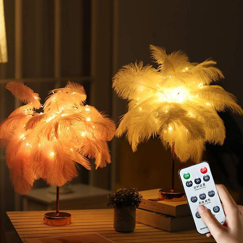 Night Lights Fairy Light Feather Table Lamp with USB/Battery Power and Remote for Bedroom, Party, Christmas, Wedding Decor