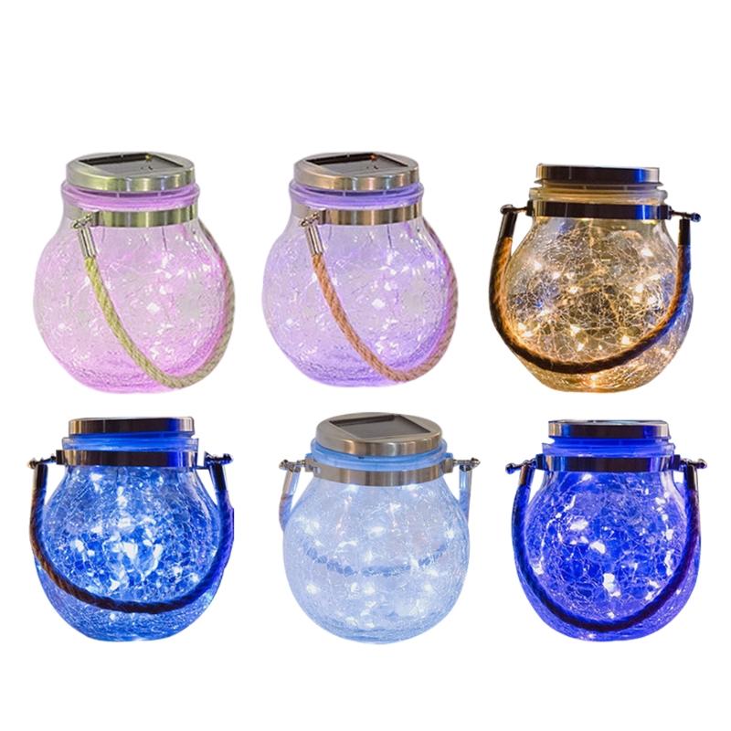 Night Lights H7JB Solar Outdoor Fairy Garden Christmas Lanterns Light Crack Design Glass Jar Waterproof Hanging Lamp