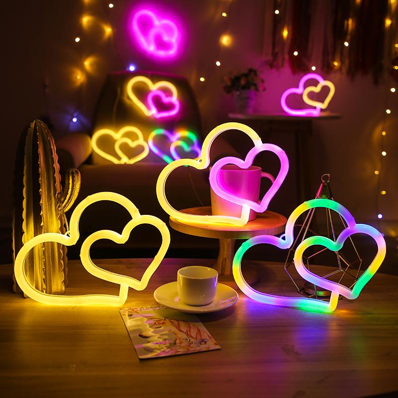 Night Lights Neon Love Heart Light Signs For Wall Decor Atmosphere LED Sign Kids Room Valentine's Day Party Wedding
