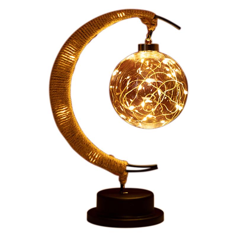 Nighttime LED moon lamp for home decor, crafted with rattan and wrought iron