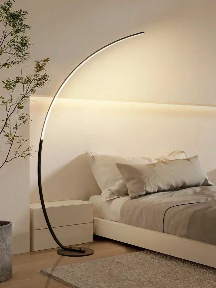 Nordic LED corner arc floor lamp with RGB lighting and remote control, ideal for dining and living room decor in black or white