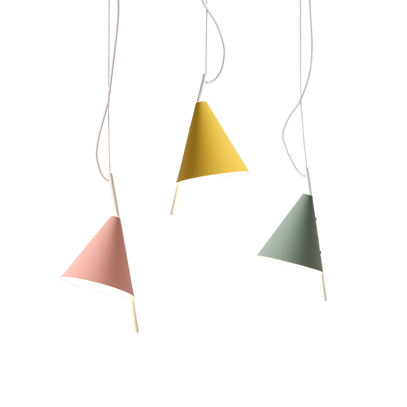 Nordic pendant light with modern simple design, colorful macaron style, featuring a G9 lamp in pink, green, and yellow metal, lovely drop light for foyer or bedroom
