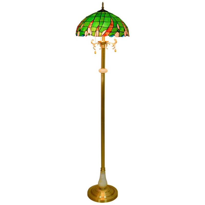 Nordic retro green jade lamp with Tiffany stained glass for hotel bedroom or villa living room, featuring brass floor stand TF080