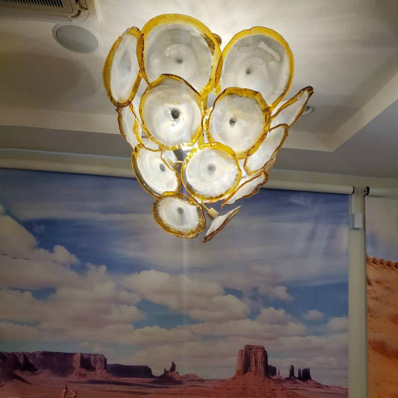 Nordic-inspired 36-inch LED pendant chandelier with gold-tinted Murano glass, ideal for dining areas, restaurants, bars, or home decoration