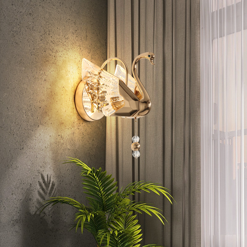 Nordic-inspired golden swan wall lamps for modern bedrooms, featuring LED bedside lighting and elegant living room decor with luxurious mirror accents