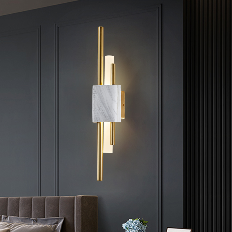 Nordic-inspired minimalist copper LED wall lamps with marble accents, perfect for modern living rooms and bedrooms