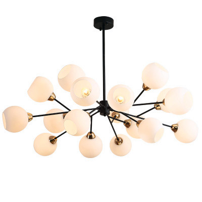 Nordic-inspired modern chandelier featuring black luxury hanging lamp with milk white glass ball shades for foyer or bedroom