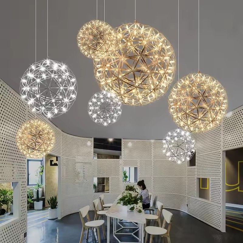Nordic-inspired modern pendant lamp with sparkling LED lights, resembling fireworks, in a stainless steel vintage chandelier design for home decor