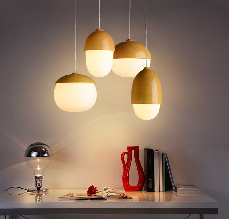 Nordic-inspired pendant light with wood grain glass and E27 socket, featuring a mushroom-shaped design
