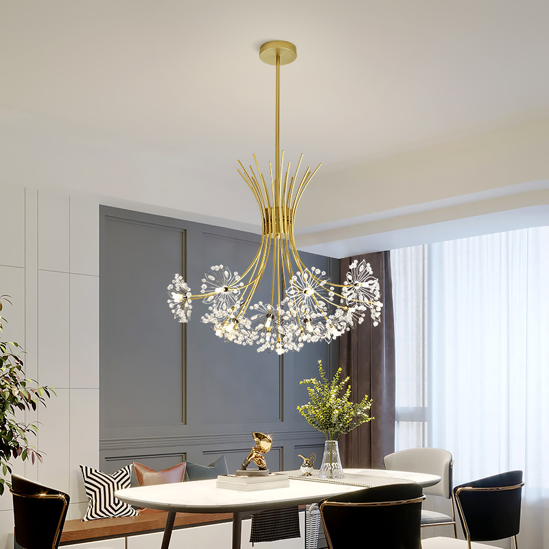 Nordic-inspired simple crystal chandelier with dandelion design for modern living and dining rooms, featuring creative LED lighting perfect for stylish bedrooms and hotels