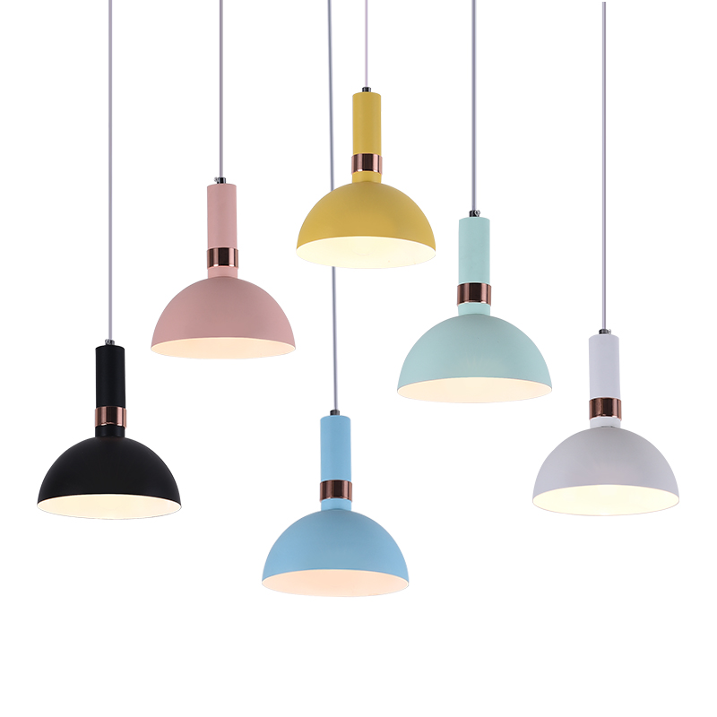 Nordic-style colorful macaron pendant lights in pink, blue, yellow and white for kids' rooms, bedrooms or restaurants with E27 bulb sockets