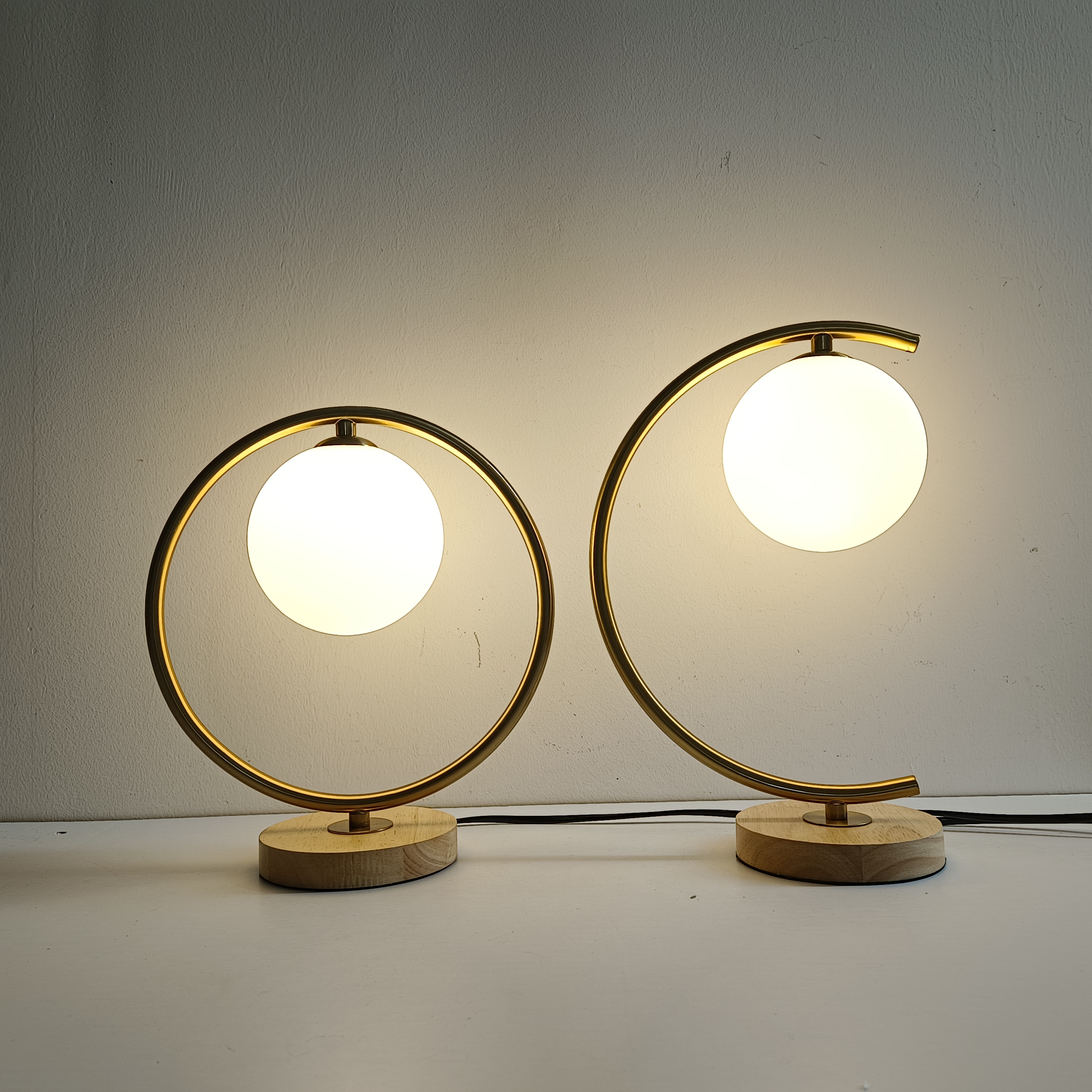 Nordic-style glass globe and wood table lamps for bedroom, living room, or study decor, available in gold and black finishes