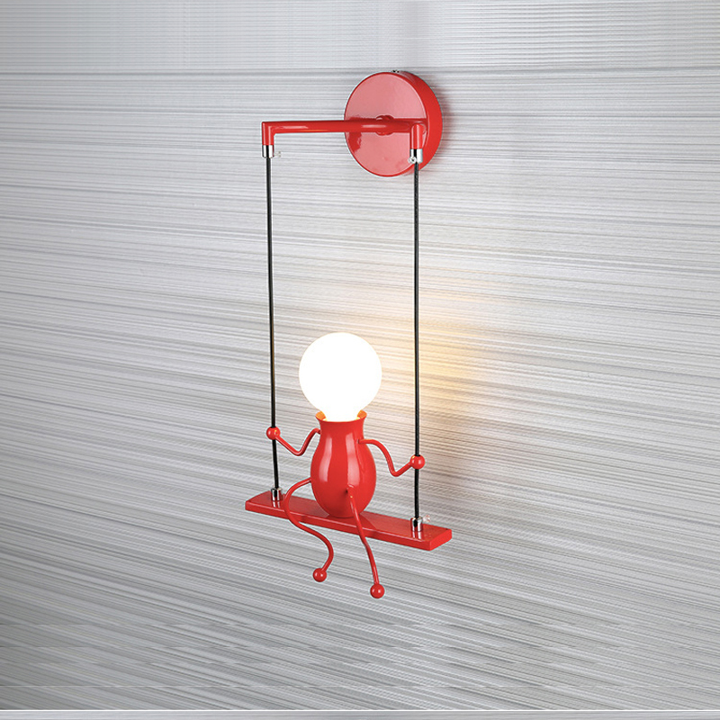 Nordic-style iron wall lamp featuring a playful little man design, perfect for kids' rooms and bedrooms with E27 LED lighting for home decoration