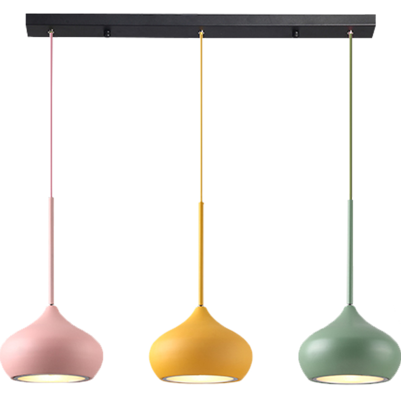 Nordic-style postmodern LED pendant lamp with three colorful macaron-shaped aluminum shades, ideal for kids' rooms, foyers, and bedrooms