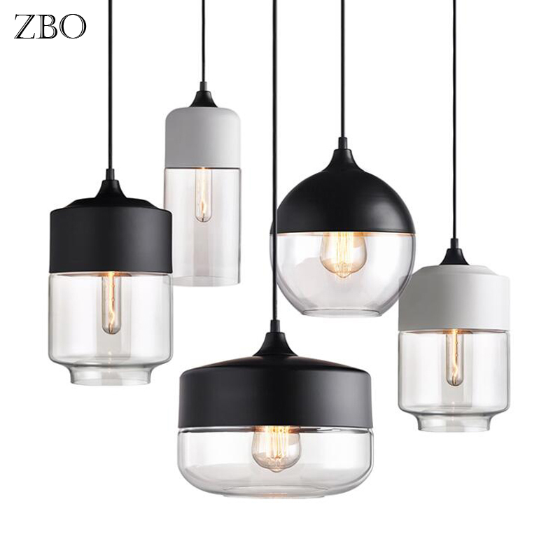 Nordic-style vintage glass pendant lamp with black/white iron frame and clear/amber glass, featuring a 1.5m cable and E27 socket for LED bulbs, ideal for bars and living rooms