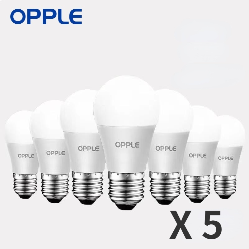 OPPLE LED bulbs in 5 or 10 packs with E27 screw base, available in 3W to 14W power and 3000K warm white or 6500K cool white for living spaces