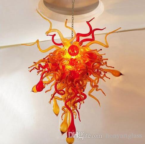 Orange Red Flower-Shaped Hand-Blown Glass Art Lighting, Chinese Murano Chandeliers for Staircase Decoration