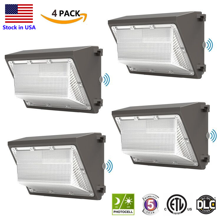Outdoor 120W LED wall lamps with dusk-to-dawn operation for commercial and industrial use, featuring 5000K daylight color, IP65 rating, and 90-277V AC compatibility