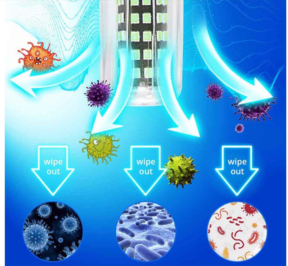 Pack of 2 UVC sanitizing LED bulbs for germicidal disinfection, compatible with 220V/110V in E27 GU10 E14 E12 B22 bases, ideal for bedroom and hospital use with corn-shaped design