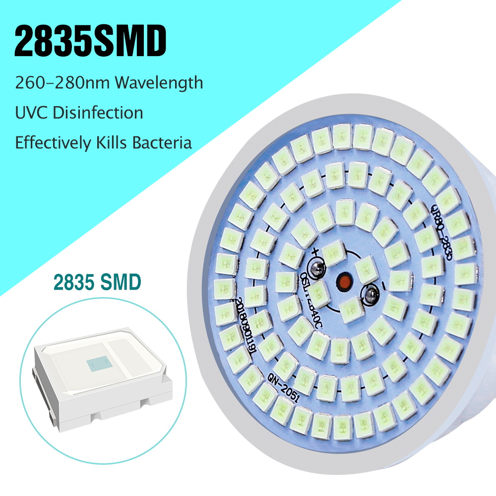 Pack of 5 E27 UV sterilization lamps, 8W LED UVC germicidal bulbs with 80 LEDs for disinfection