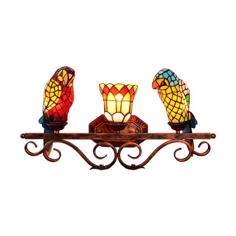 Parrot-shaped stained glass wall lamp with European retro style, ideal for living rooms, bedrooms, or kitchens as a charming fairy light in yellow tones