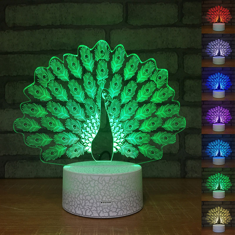 Peacock Night Lamp 3D Acrylic LED Night Light Touch 7 Color Change Desk Table Lamp Party Decorative Light