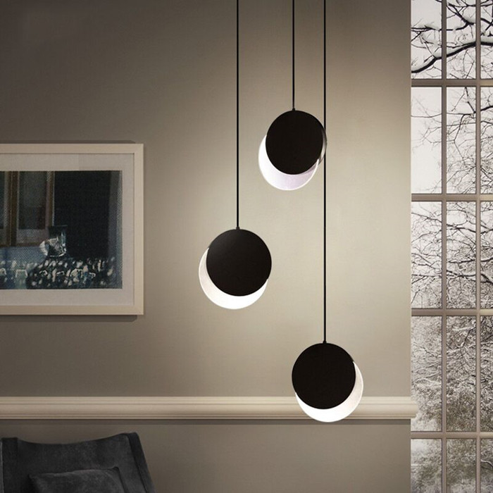 Pendant Lamps with Creative Simplicity and Rotatable Lunar Eclipse Design, 18cm or 28cm Diameter, DIY Black/White Round Ceiling Hang-Light F-PL180