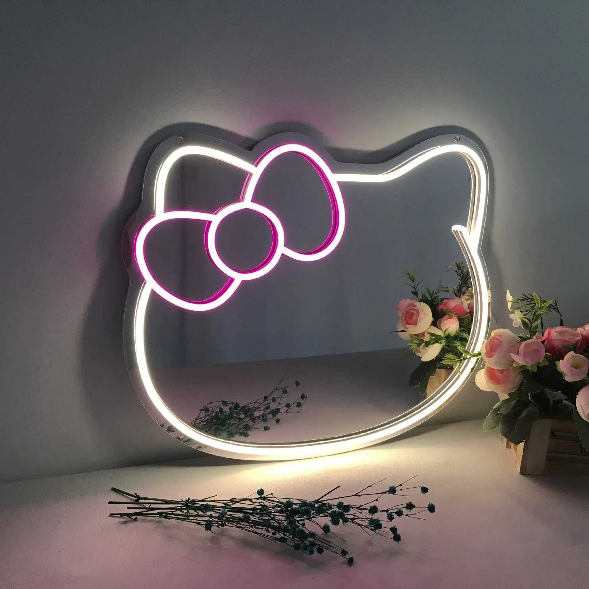 Pink Kitty Cat LED Neon Mirror Wall Art for Bedroom and Beauty Shop Decor