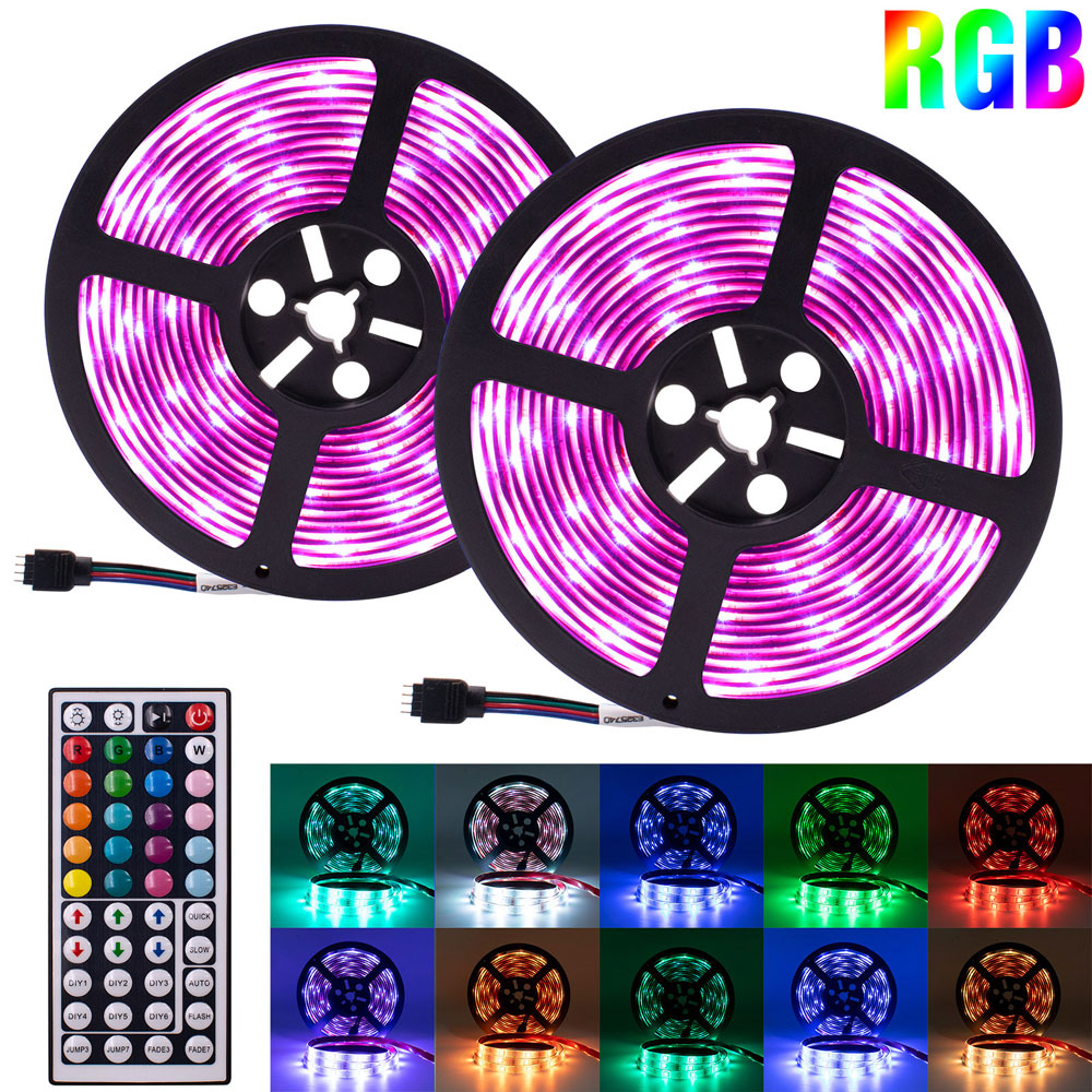 Plastic LED strip lights with 150 LEDs, 12V 5050 RGB IR44 set including IR remote (white base)