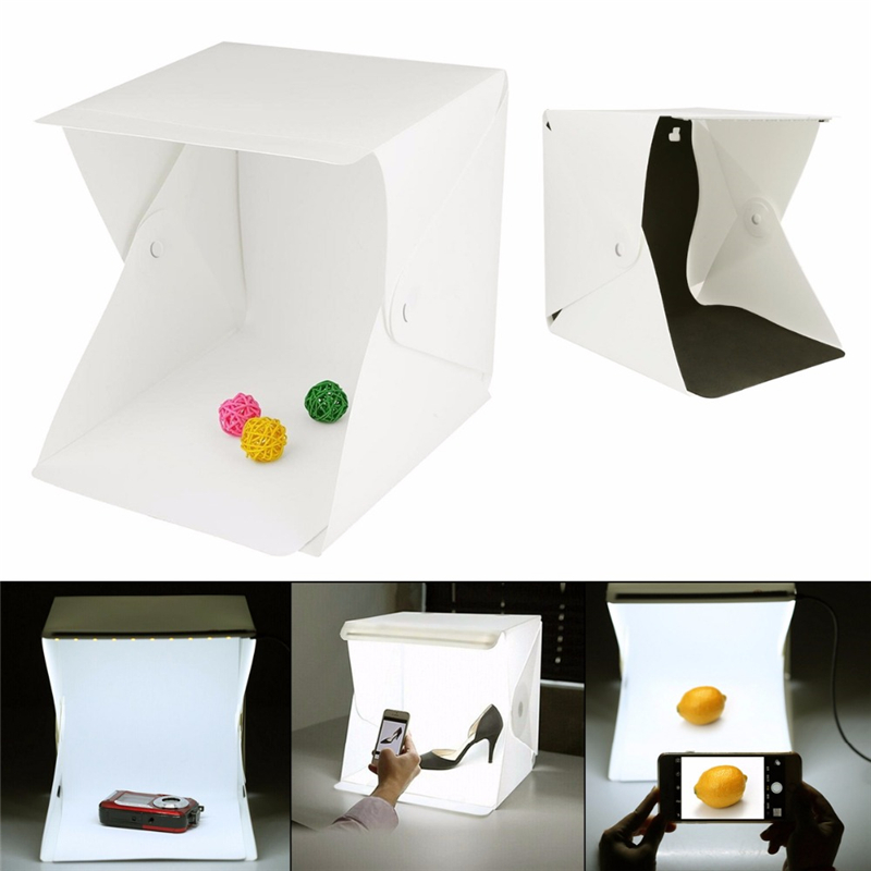 Portable foldable lightbox photography table with white and black backdrops, USB powered