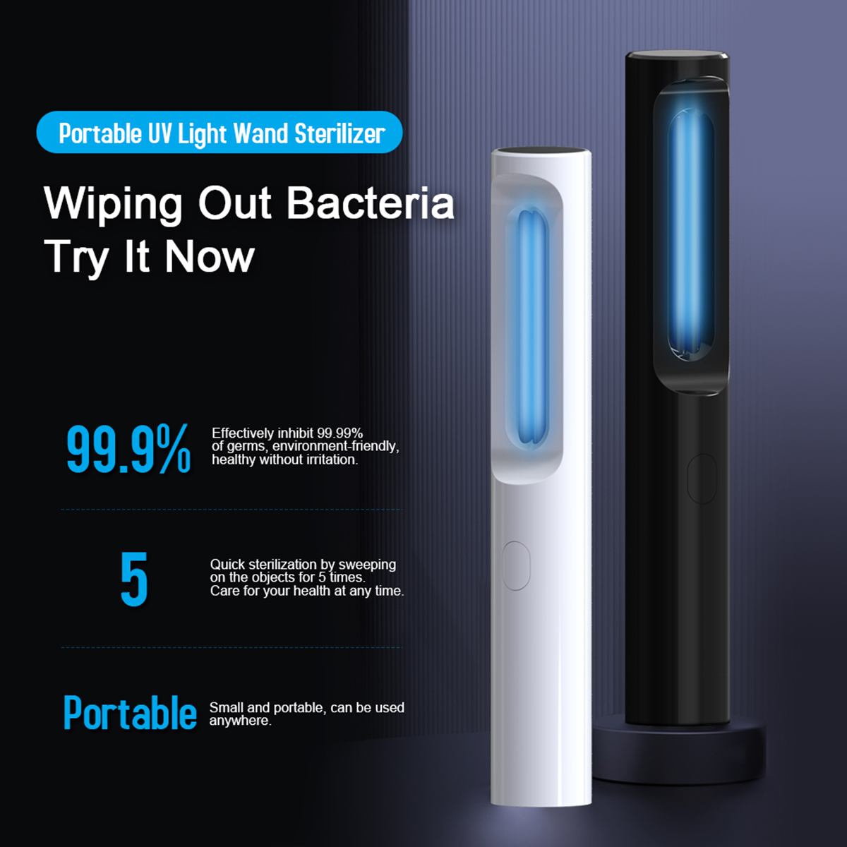 Portable USB-charged UV sterilizer lamp for handheld germicidal disinfection