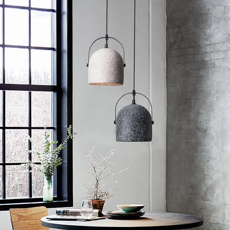 Postmodern cement pendant lights for dining rooms, handmade minimalist E27 LED fixtures with 6W bulbs