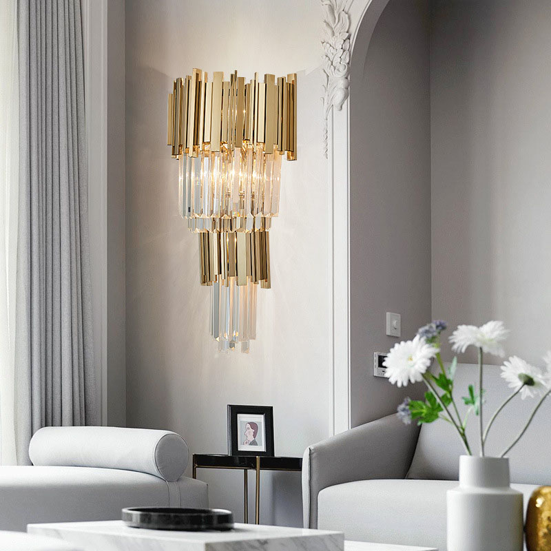 Postmodern crystal wall sconce with golden bars for elegant bedroom and hallway lighting