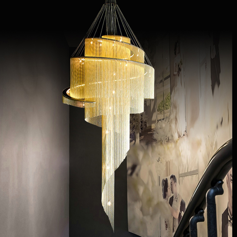 Postmodern large chandeliers for villa living and dining rooms, featuring golden spiral stair pendant lamps ideal for hotels and exhibition halls