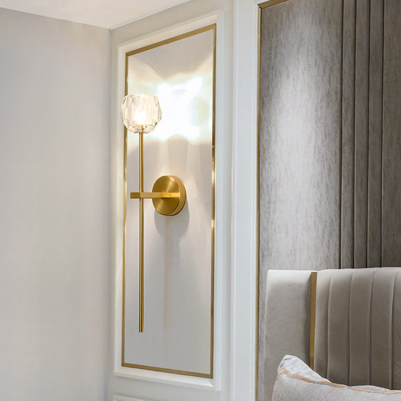 Postmodern retro bronze wall lamp with crystal shade for contemporary bedroom or living room lighting