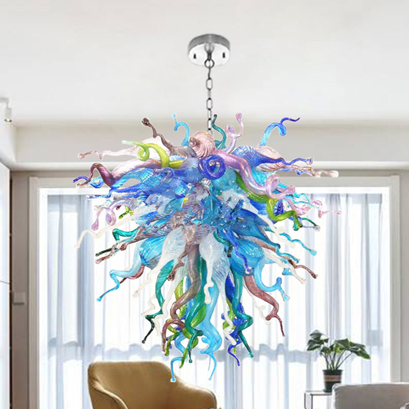 Rainbow-colored blown glass chandelier lamp with customizable chain pendant, featuring energy-efficient LED lighting for stylish living room decor