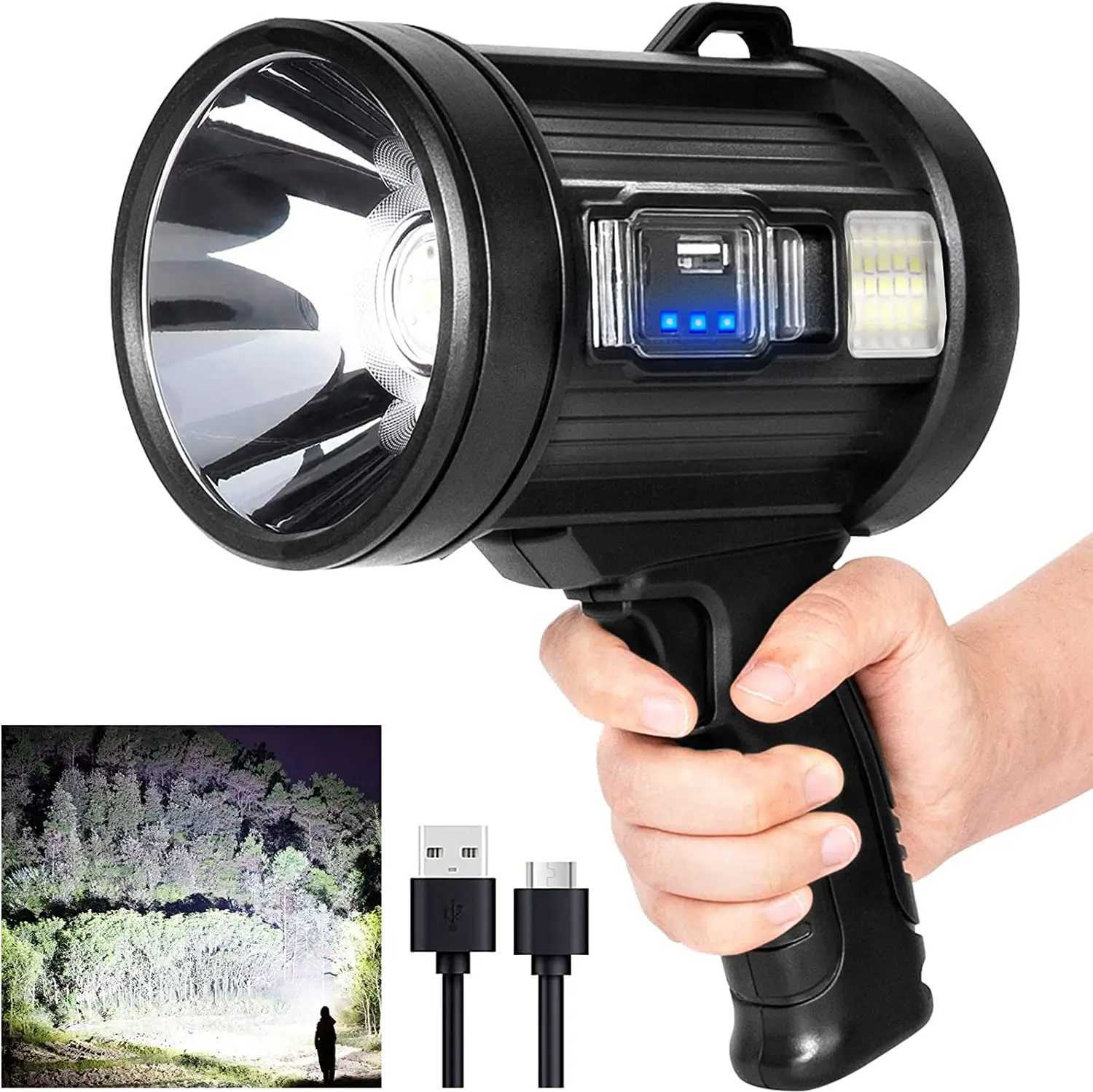 Rechargeable 1,000,000-lumen handheld hunting flashlight with COB LED and solar panels for camping
