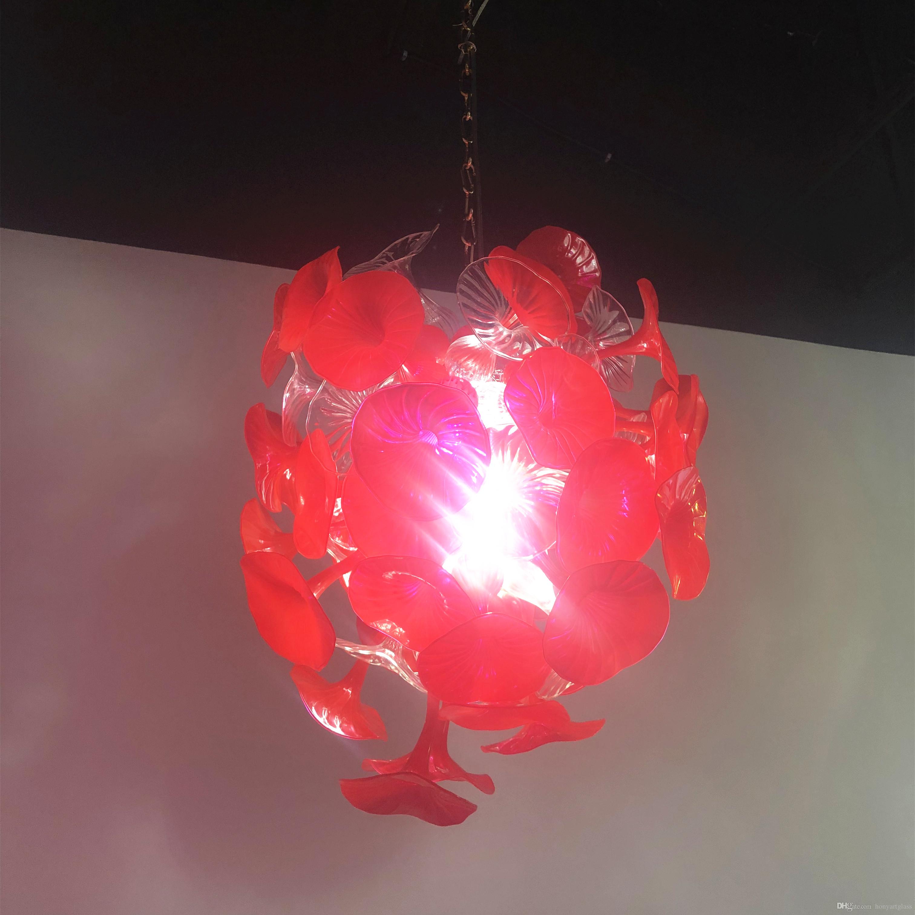 Red handcrafted blown glass trumpet chandelier lighting, inspired by Murano style, made in China