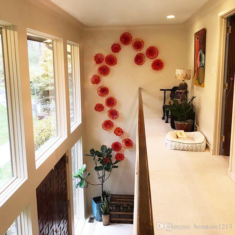 Red Murano glass floral plates for elegant villa and hotel wall decor