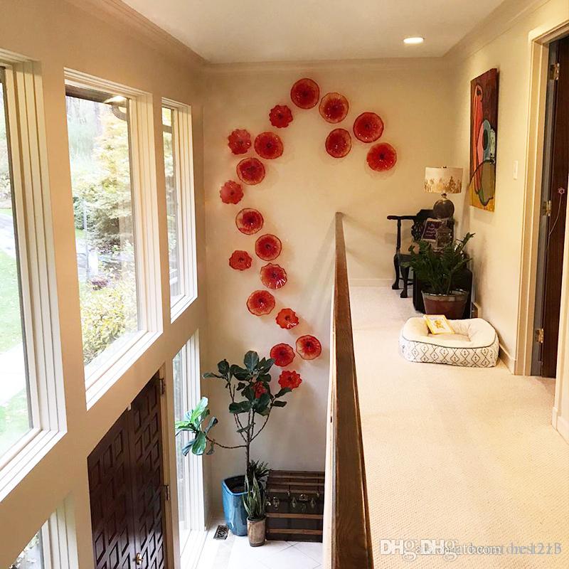 Red Murano glass floral plates for elegant villa and hotel wall decor
