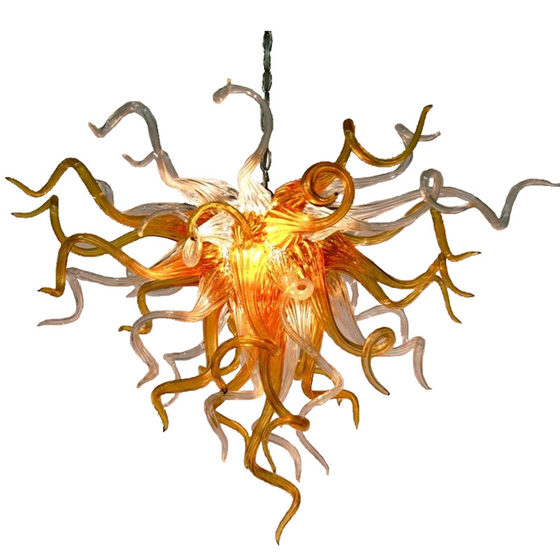 Restaurant pendant lighting featuring modern amber glass chandeliers with hand-blown art deco crystal and LED bulbs, 16-inch chain suspension