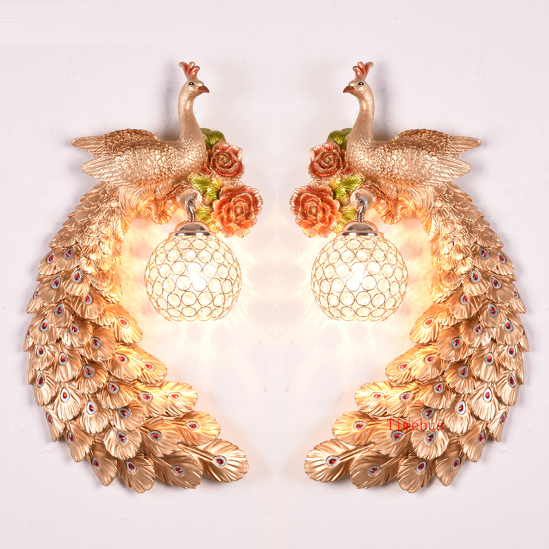 Retro crystal wall lamp for living room decor, bedroom peacock light, or villa staircase sconce