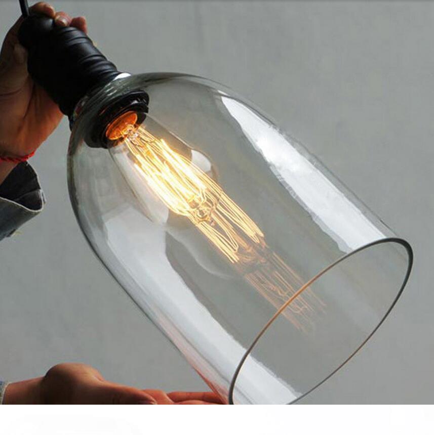 Retro industrial-style DIY ceiling lamp with glass pendant lighting, featuring a free Edison bulb for home decor, compatible with E27 sockets and 110V-240V power