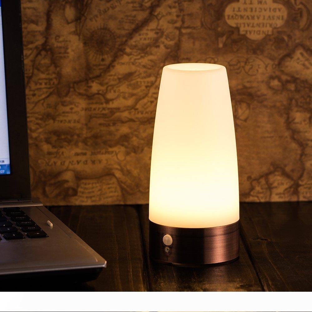 Retro night light with wireless PIR motion sensor, 3-mode LED lamp, portable for indoor use, battery-powered for bedroom or bathroom