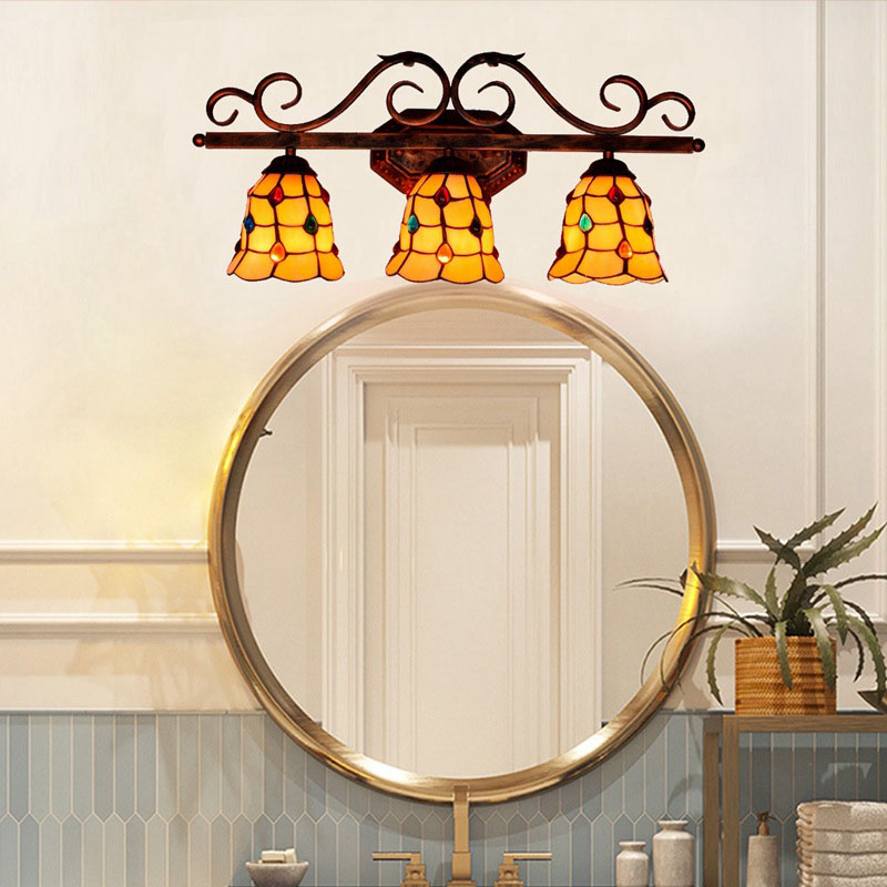 Retro three-bulb Tiffany-style wall lamp with exquisite stained glass craftsmanship, offering warm lighting for bedrooms or mirrored spaces