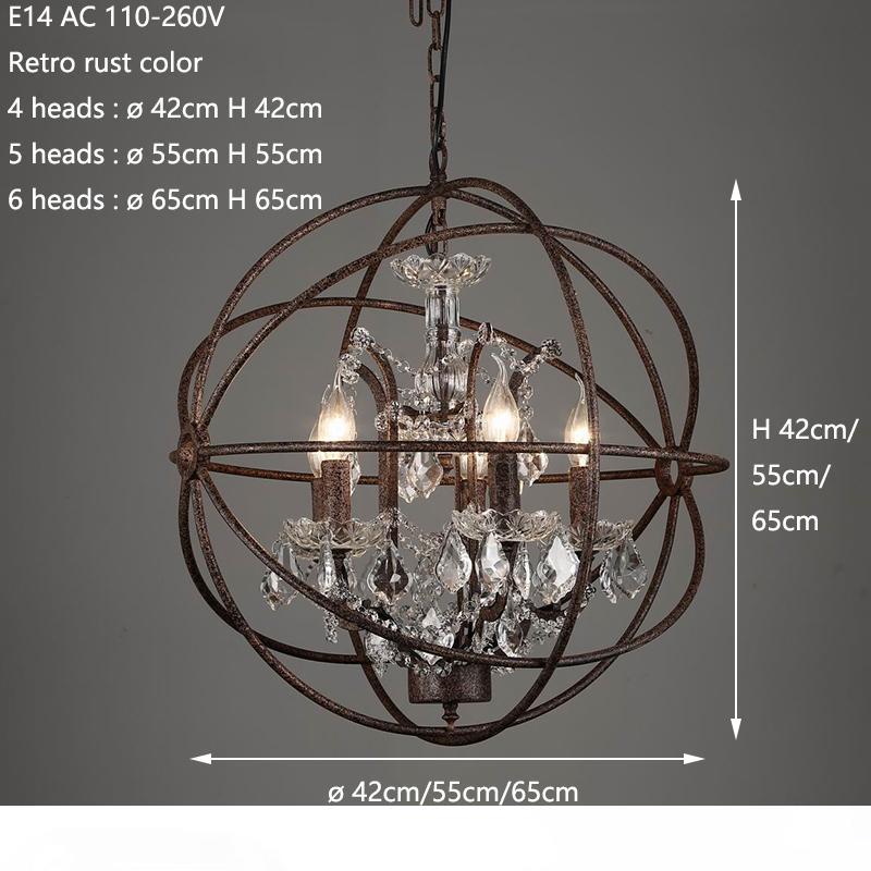 Retro vintage-style iron cage chandeliers with E14 bulbs, featuring large crystal designs and LED lighting for living spaces, bedrooms, and bars