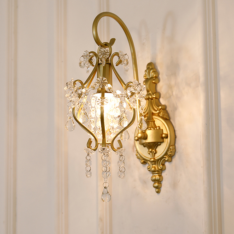 Retro-style crystal wall lamps with American mirror fronts, Nordic TV backlighting, and modern iron bedside lighting for bedrooms